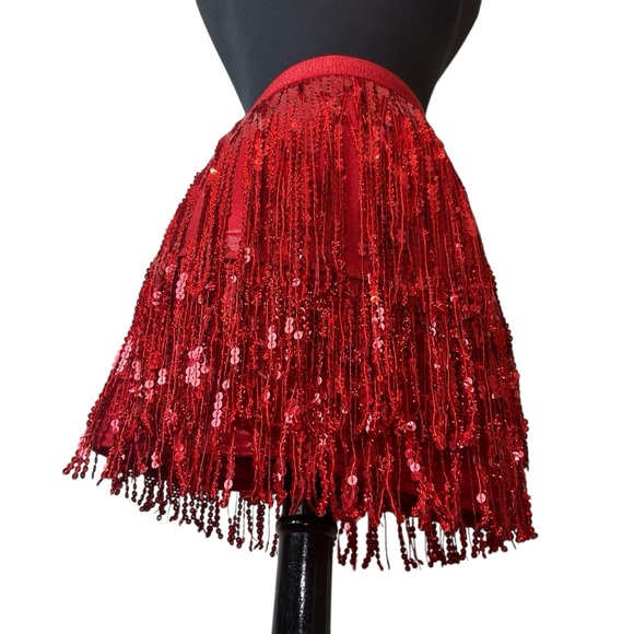 Red Sequins Fringe Skirt High Shine Shimmer Metallic, Performance Wear SZ S - Picture 12 of 17